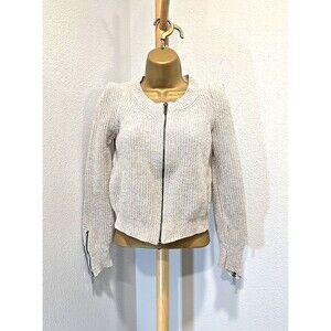 Y2K Full Zip Wool Cardigan Sweater Womens Med Beige Zip Cuffs Minimalist Korean